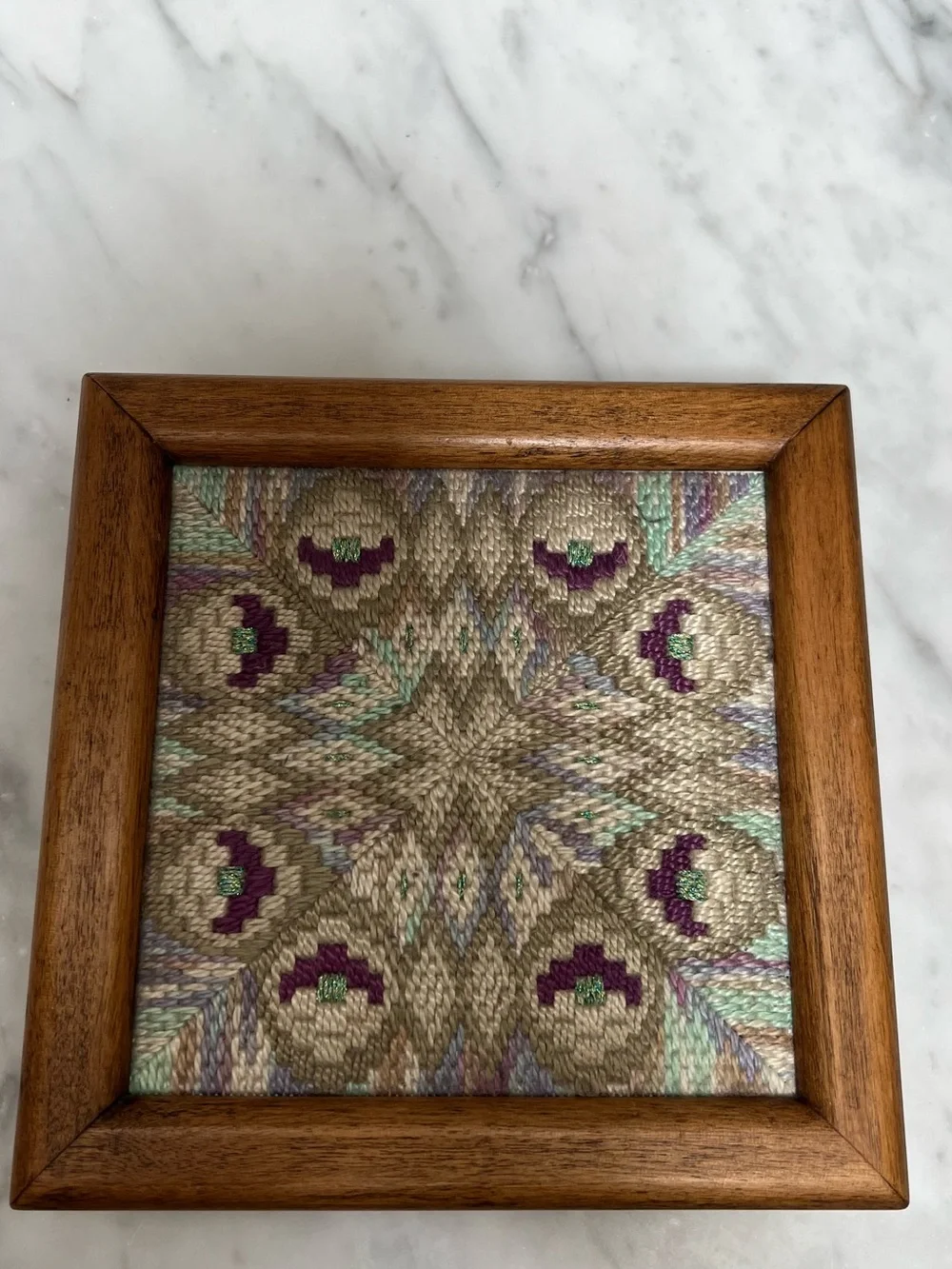 Vintage Wooden Keepsake Box with Hand-Stitched Four-Way Bargello Needlepoint Top